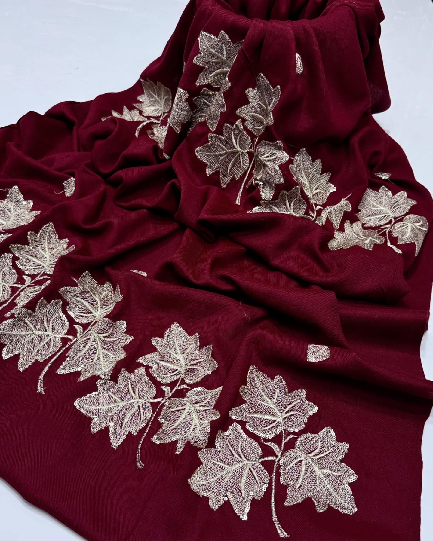 elegant pashmina chanar leaf shawl with sequins embroidery – 72 grade, premium quality, 2.5 yards (88"x44") elegant pashmina chanar leaf shawl with sequins embroidery – 72 grade, premium quality, 2.5 yards (88"x44")