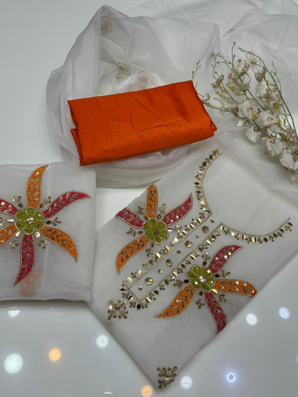 3pc suit | indian organza hande made gota work with moti and zari shirt and embroidery dupta | bazu hande made. ✅slik trouser 3pc suit | indian organza hande made gota work with moti and zari shirt and embroidery dupta | bazu hande made. ✅slik trouser