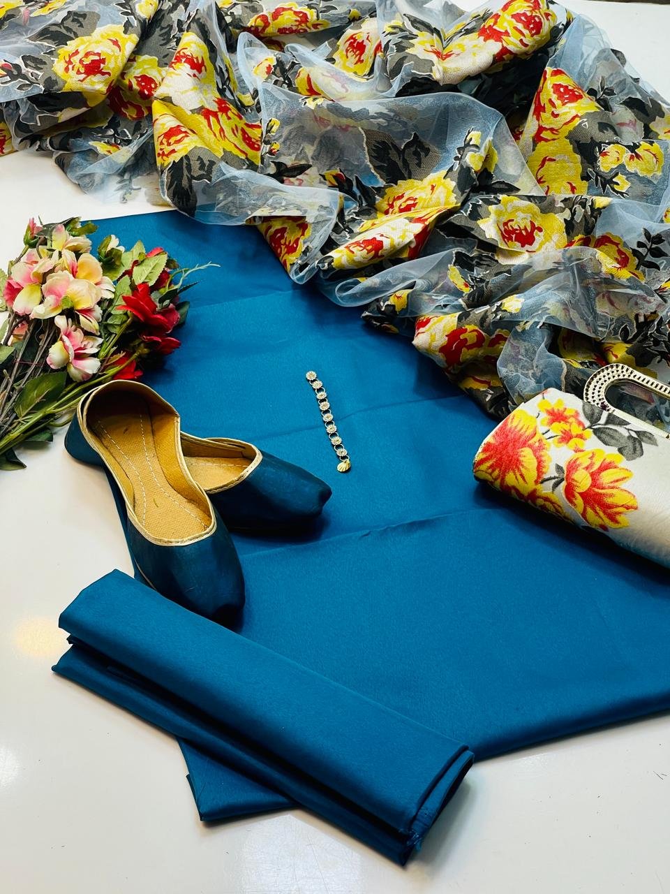 party wear | 5 pieces | kataan plain shirt & trouser | organza printed dupatta | matching khussa & clutch party wear | 5 pieces | kataan plain shirt & trouser | organza printed dupatta | matching khussa & clutch