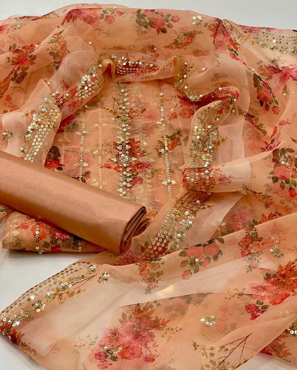 party wear | 3pc suit | organza digital embroidered shirt with pearls | printed dupatta with border work | kataan silk trouser party wear | 3pc suit | organza digital embroidered shirt with pearls | printed dupatta with border work | kataan silk trouser