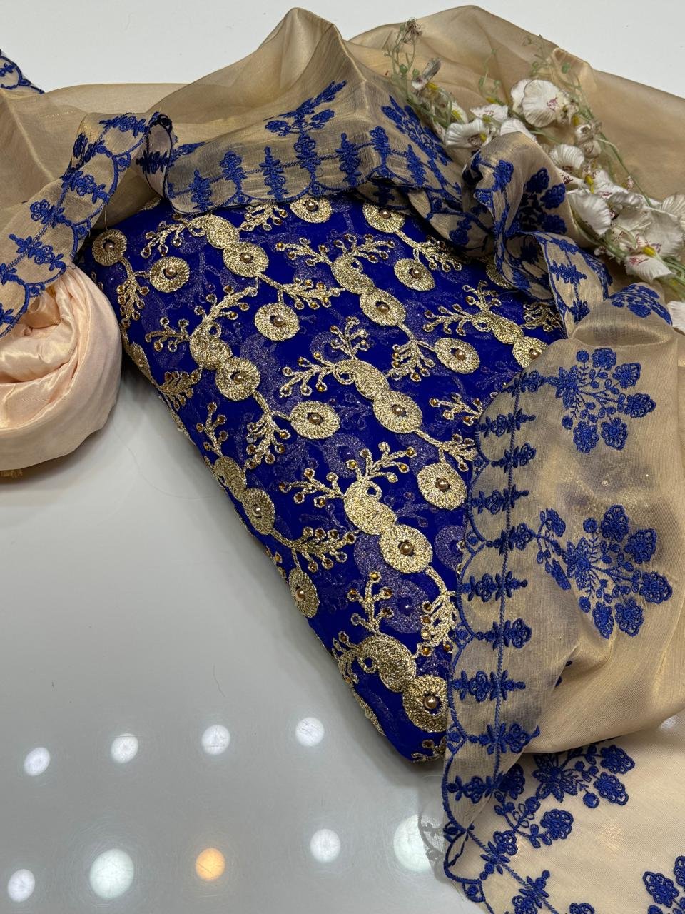 3pc suit | fancy crinkle chiffon jaal shirt (front & back) | embroidered mehsori silk dupatta | self mehsori trouser 3pc suit | fancy crinkle chiffon jaal shirt (front & back) | embroidered mehsori silk dupatta | self mehsori trouser