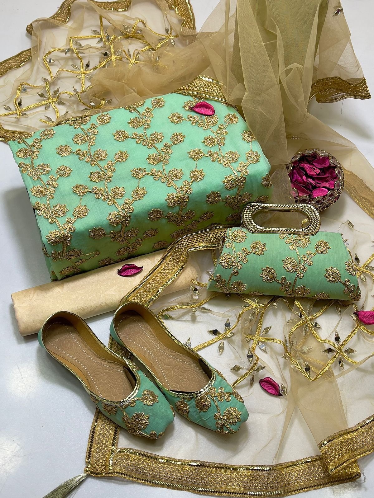 fancy 5pc suit | chiffon embroidery | masuri shalwar | mirror work dupatta | matching khussa & clutch fancy 5pc suit | chiffon embroidery | masuri shalwar | mirror work dupatta | matching khussa & clutch