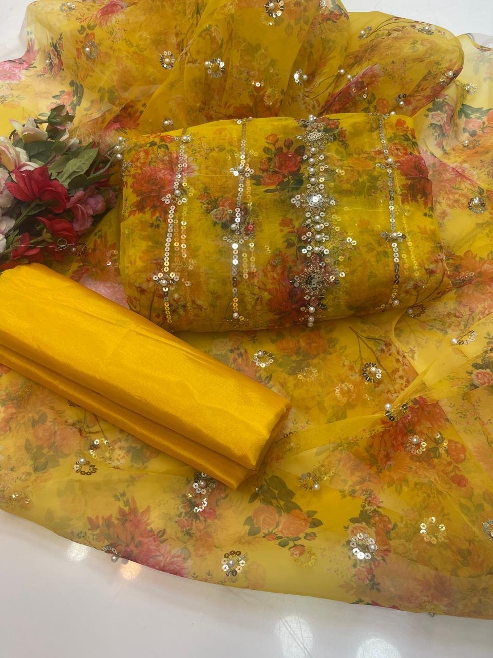 party wear | 3pc suit | organza digital embroidered shirt with pearls | printed dupatta with border work | kataan silk trouser party wear | 3pc suit | organza digital embroidered shirt with pearls | printed dupatta with border work | kataan silk trouser