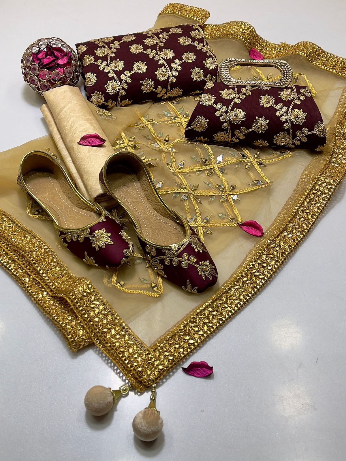 fancy 5pc suit | chiffon embroidery | masuri shalwar | mirror work dupatta | matching khussa & clutch fancy 5pc suit | chiffon embroidery | masuri shalwar | mirror work dupatta | matching khussa & clutch