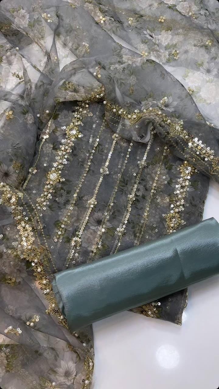party wear | 3pc suit | organza digital embroidered shirt with pearls | printed dupatta with border work | kataan silk trouser party wear | 3pc suit | organza digital embroidered shirt with pearls | printed dupatta with border work | kataan silk trouser