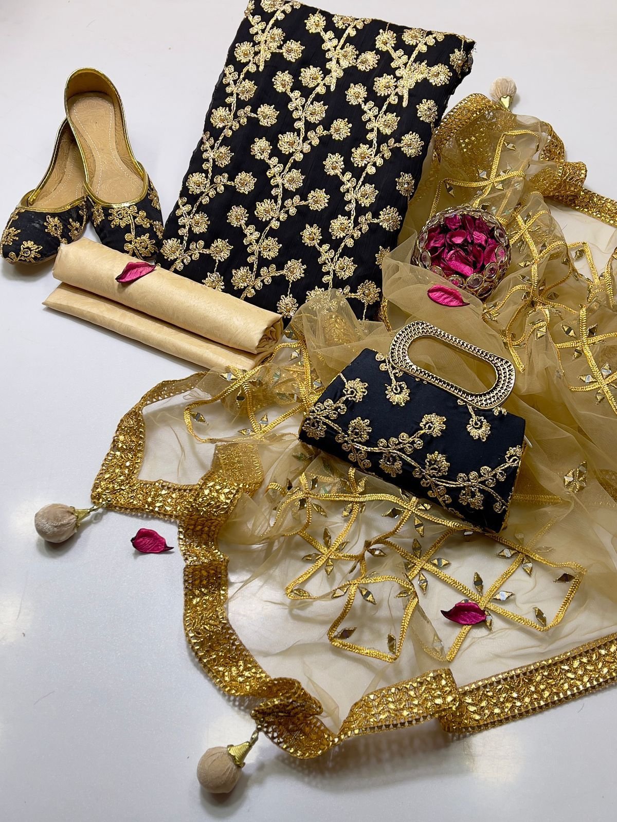fancy 5pc suit | chiffon embroidery | masuri shalwar | mirror work dupatta | matching khussa & clutch fancy 5pc suit | chiffon embroidery | masuri shalwar | mirror work dupatta | matching khussa & clutch