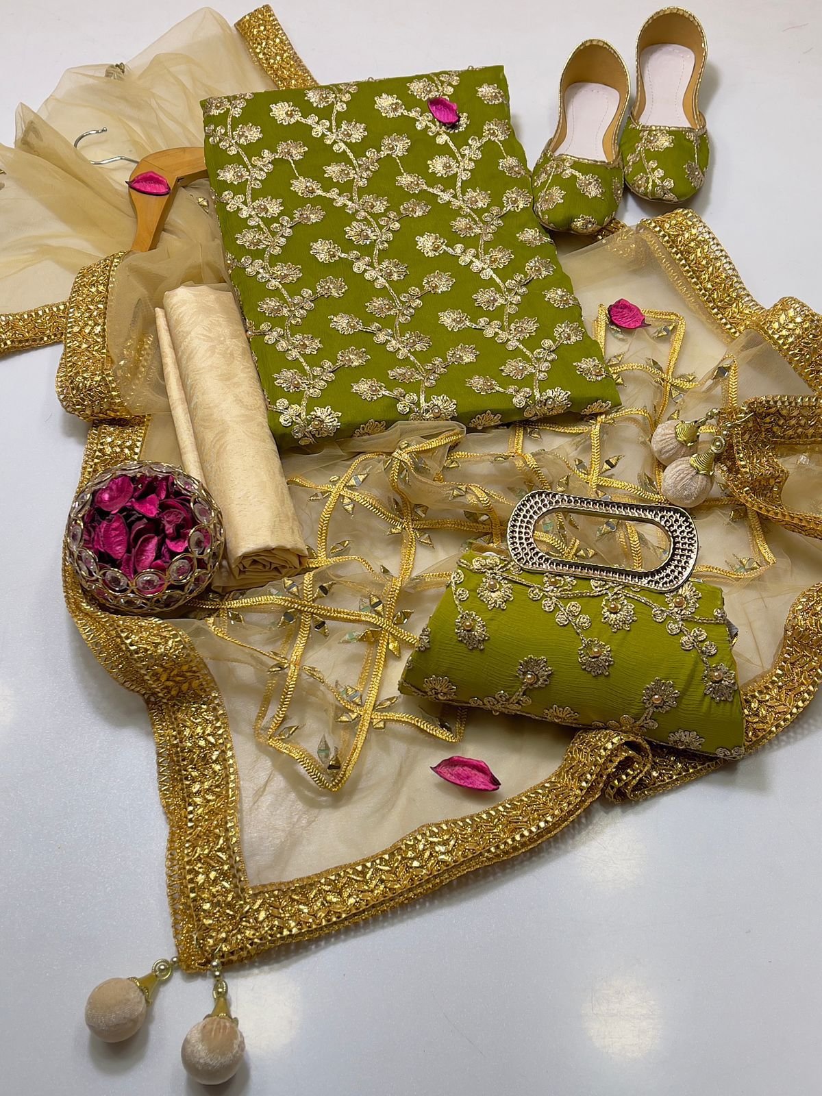 fancy 5pc suit | chiffon embroidery | masuri shalwar | mirror work dupatta | matching khussa & clutch fancy 5pc suit | chiffon embroidery | masuri shalwar | mirror work dupatta | matching khussa & clutch