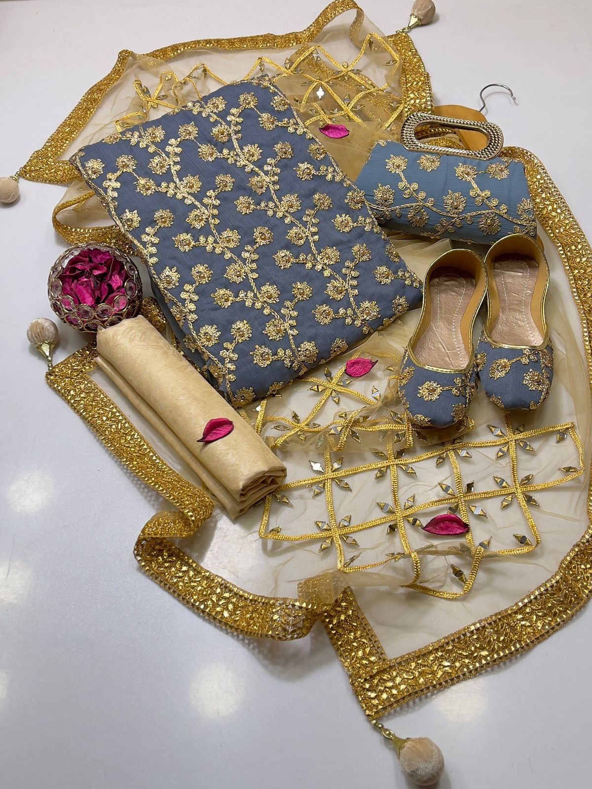 fancy 5pc suit | chiffon embroidery | masuri shalwar | mirror work dupatta | matching khussa & clutch fancy 5pc suit | chiffon embroidery | masuri shalwar | mirror work dupatta | matching khussa & clutch
