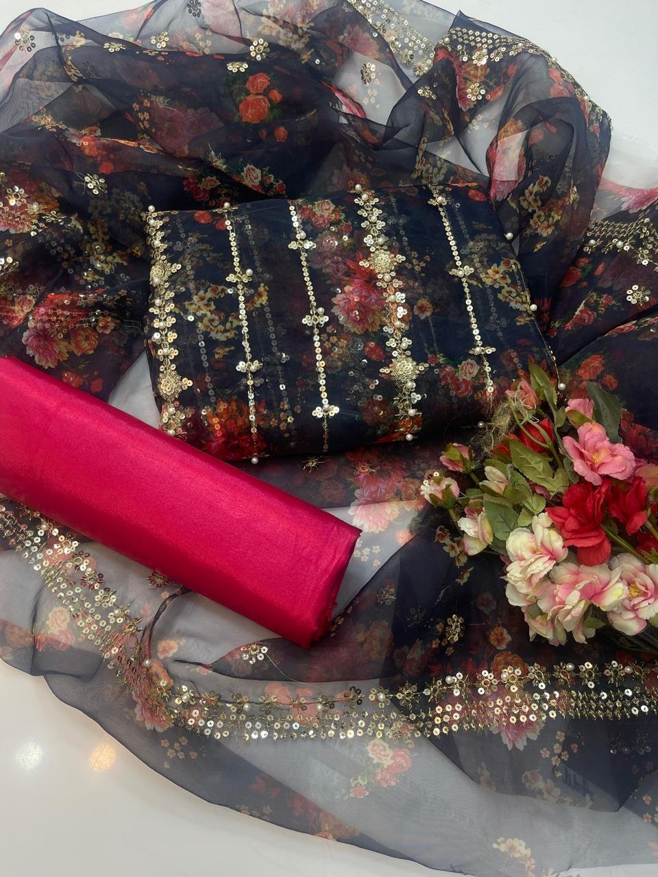 party wear | 3pc suit | organza digital embroidered shirt with pearls | printed dupatta with border work | kataan silk trouser party wear | 3pc suit | organza digital embroidered shirt with pearls | printed dupatta with border work | kataan silk trouser