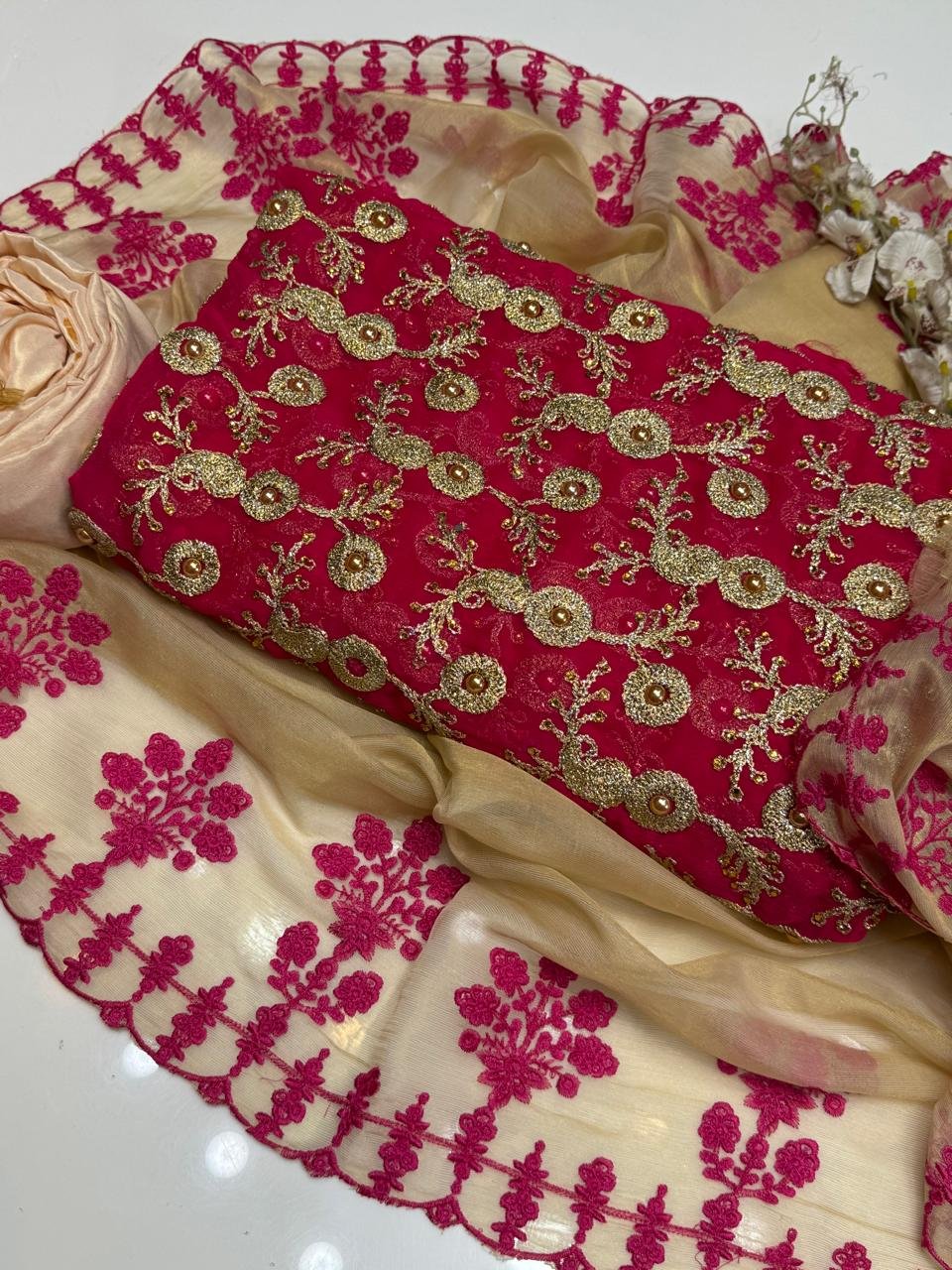 3pc suit | fancy crinkle chiffon jaal shirt (front & back) | embroidered mehsori silk dupatta | self mehsori trouser 3pc suit | fancy crinkle chiffon jaal shirt (front & back) | embroidered mehsori silk dupatta | self mehsori trouser