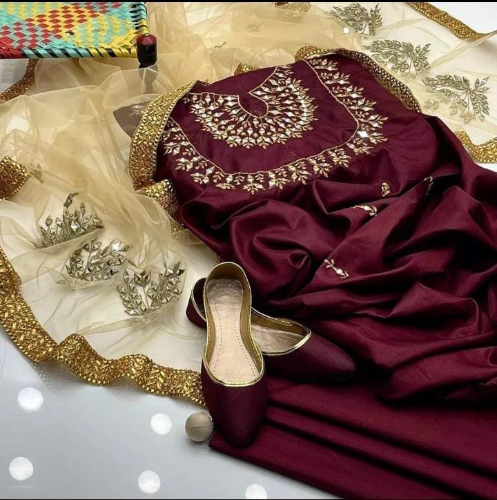 4pc party wear | fancy katan dress | mirror work shirt & trouser | mirror work net dupatta 4pc party wear | fancy katan dress | mirror work shirt & trouser | mirror work net dupatta
