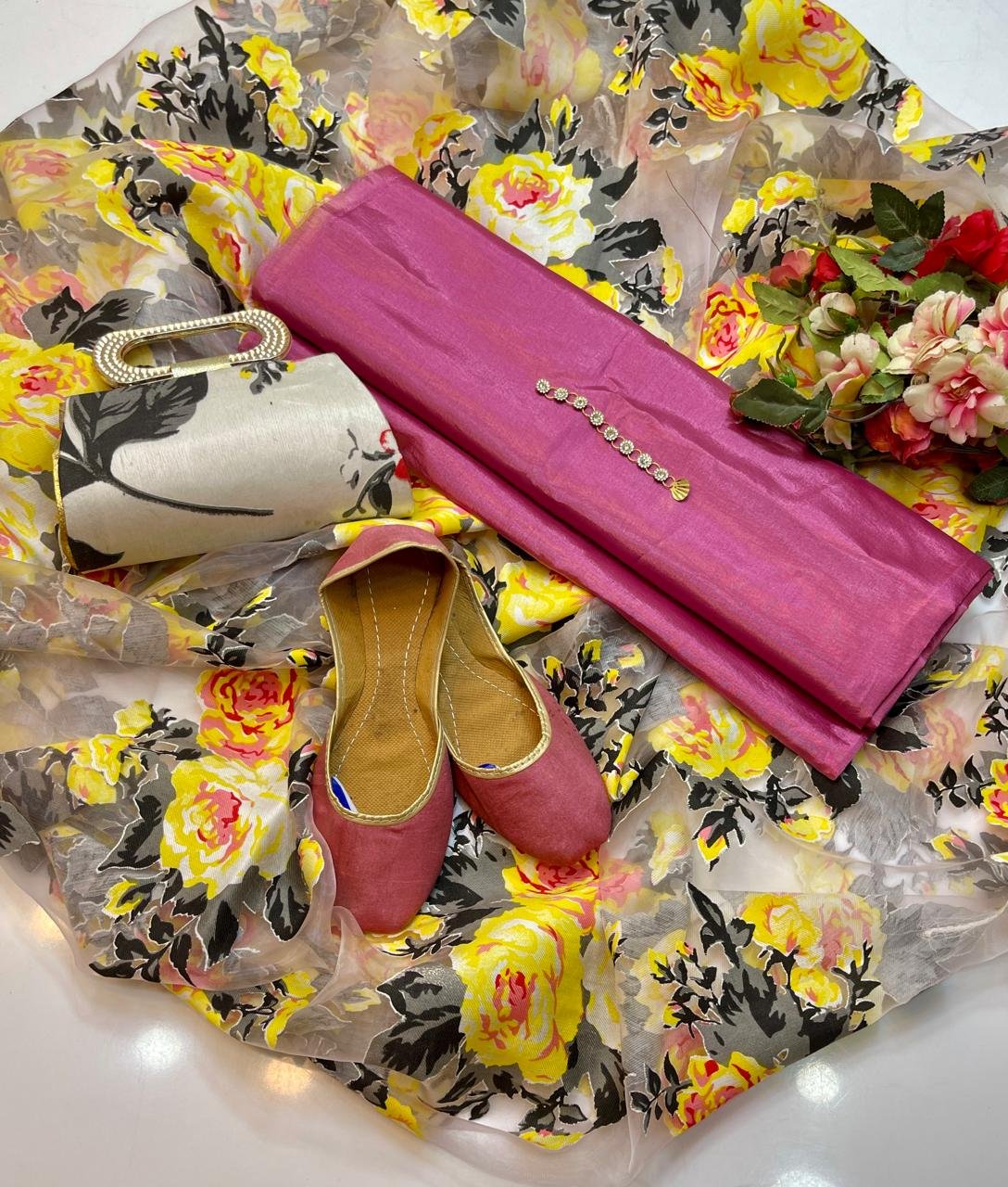 party wear | 5 pieces | kataan plain shirt & trouser | organza printed dupatta | matching khussa & clutch party wear | 5 pieces | kataan plain shirt & trouser | organza printed dupatta | matching khussa & clutch