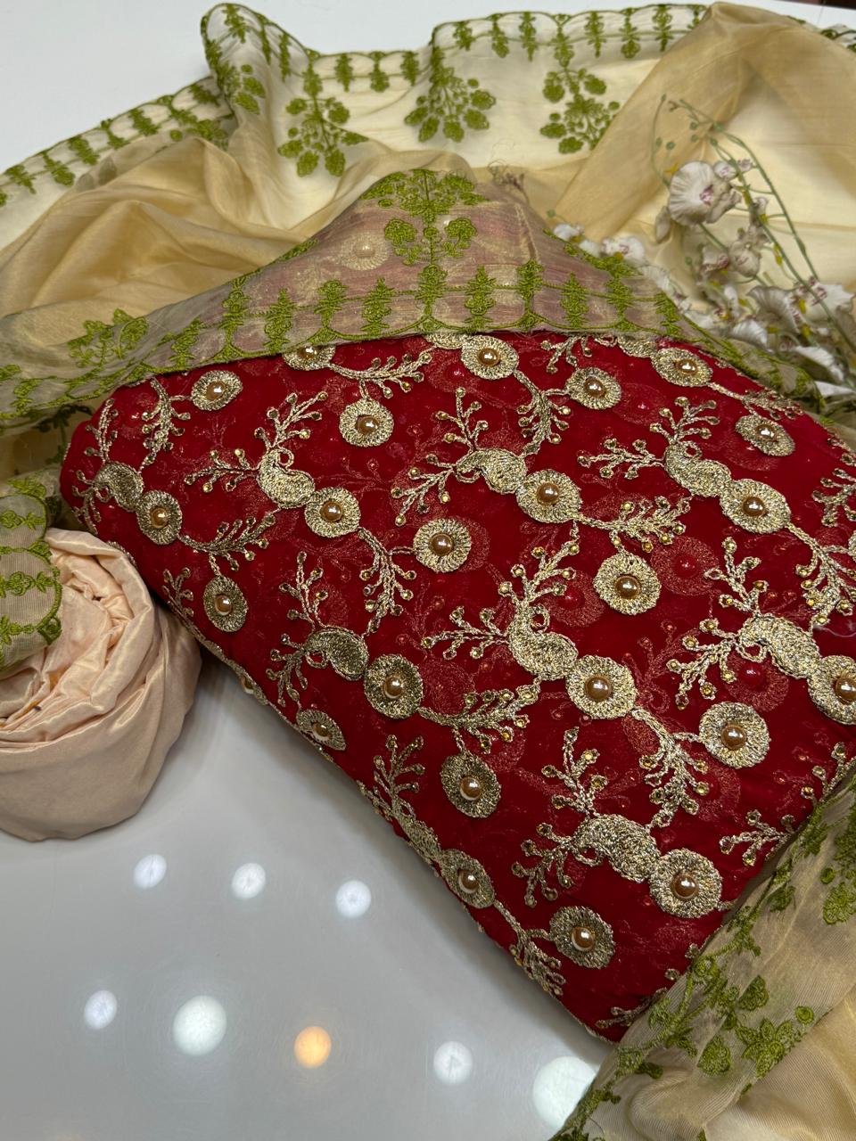 3pc suit | fancy crinkle chiffon jaal shirt (front & back) | embroidered mehsori silk dupatta | self mehsori trouser 3pc suit | fancy crinkle chiffon jaal shirt (front & back) | embroidered mehsori silk dupatta | self mehsori trouser
