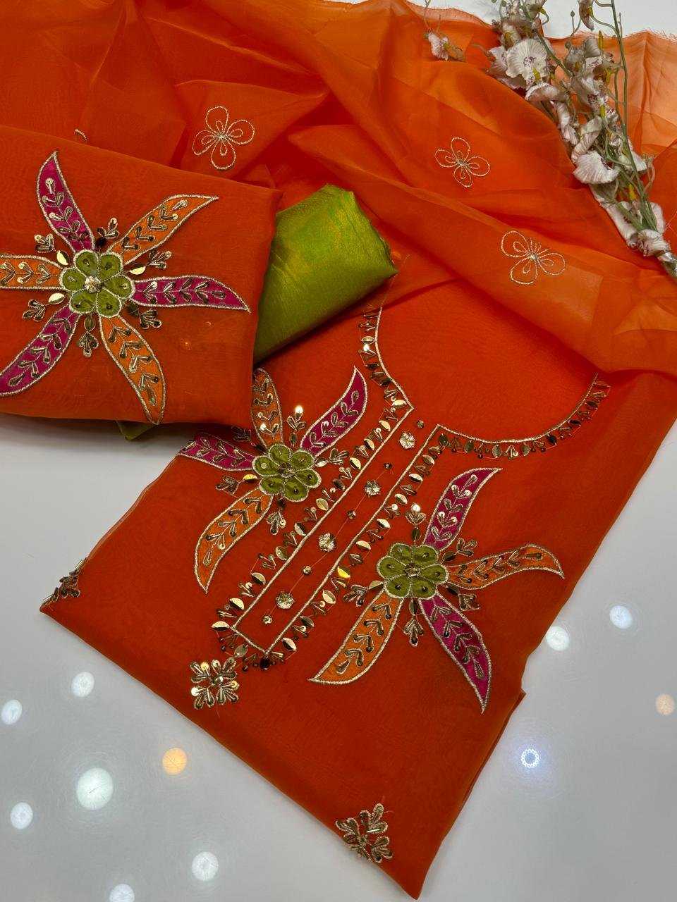 3pc suit | indian organza hande made gota work with moti and zari shirt and embroidery dupta | bazu hande made. ✅slik trouser 3pc suit | indian organza hande made gota work with moti and zari shirt and embroidery dupta | bazu hande made. ✅slik trouser