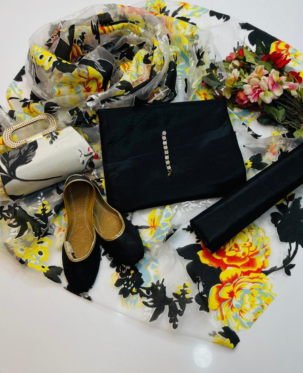 party wear | 5 pieces | kataan plain shirt & trouser | organza printed dupatta | matching khussa & clutch party wear | 5 pieces | kataan plain shirt & trouser | organza printed dupatta | matching khussa & clutch