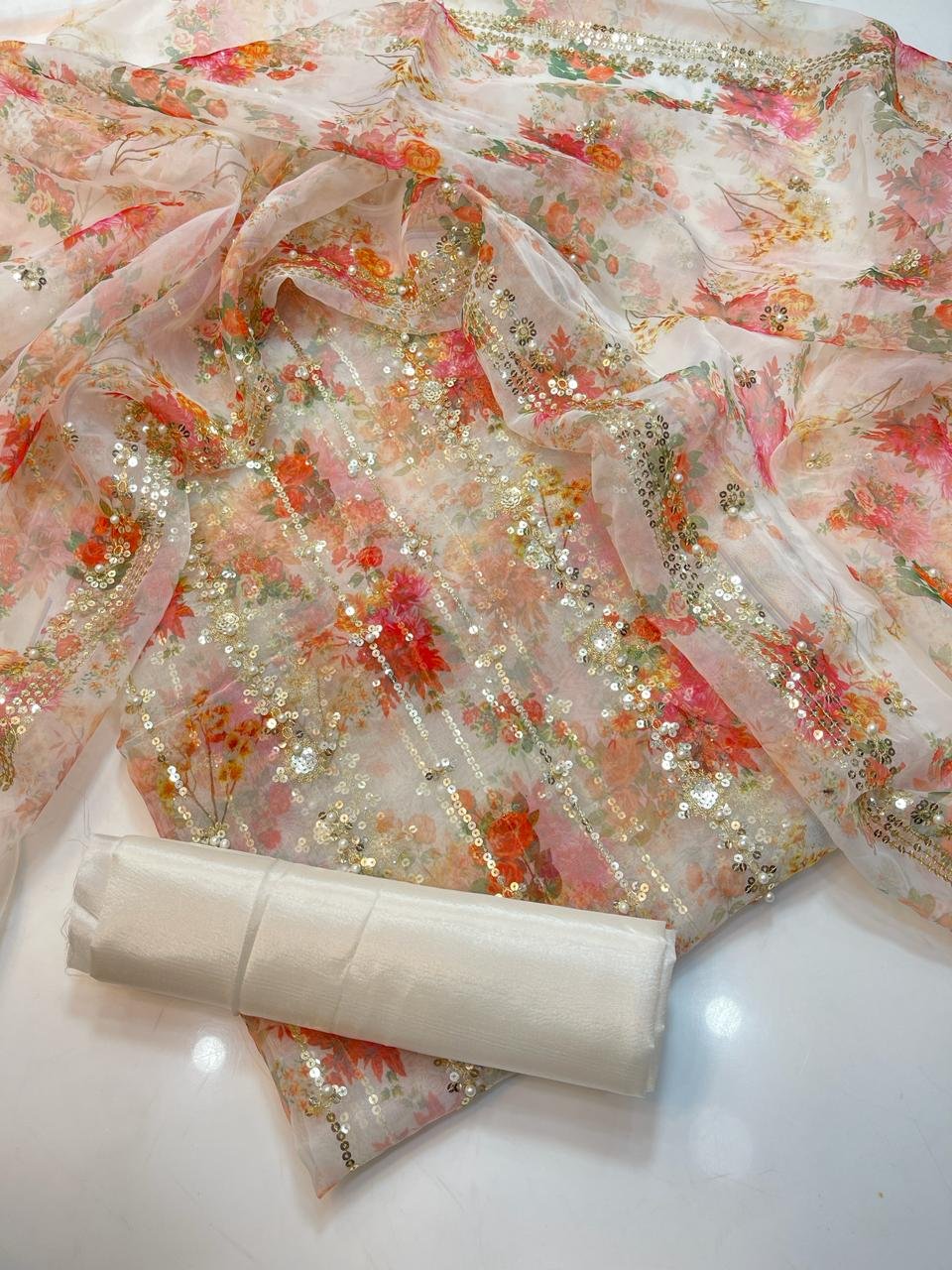 party wear | 3pc suit | organza digital embroidered shirt with pearls | printed dupatta with border work | kataan silk trouser party wear | 3pc suit | organza digital embroidered shirt with pearls | printed dupatta with border work | kataan silk trouser