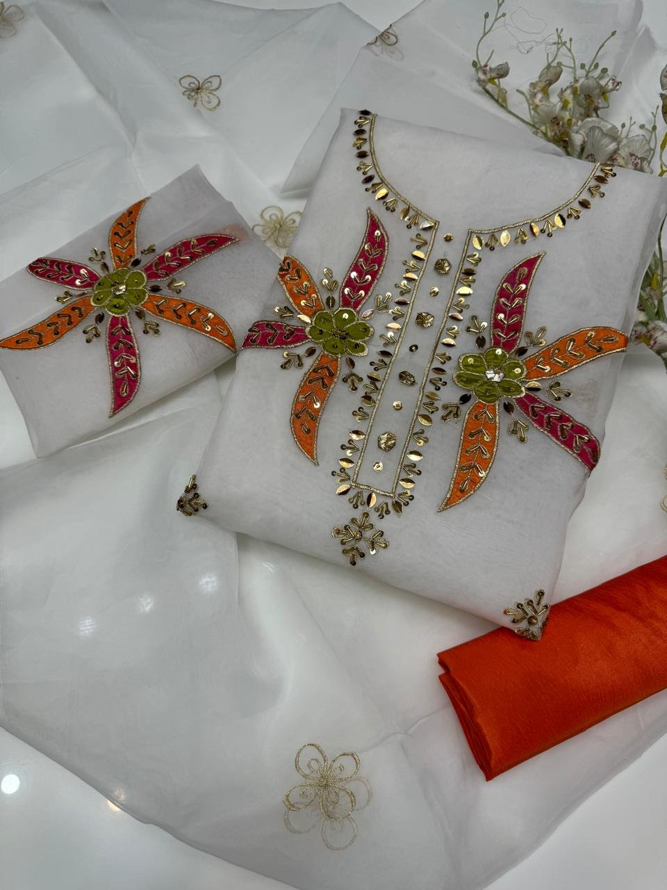 3pc suit | indian organza hande made gota work with moti and zari shirt and embroidery dupta | bazu hande made. ✅slik trouser 3pc suit | indian organza hande made gota work with moti and zari shirt and embroidery dupta | bazu hande made. ✅slik trouser