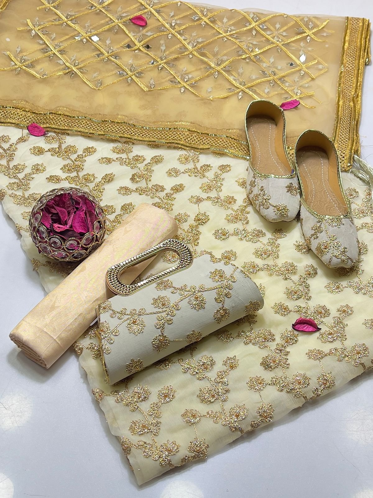 fancy 5pc suit | chiffon embroidery | masuri shalwar | mirror work dupatta | matching khussa & clutch fancy 5pc suit | chiffon embroidery | masuri shalwar | mirror work dupatta | matching khussa & clutch