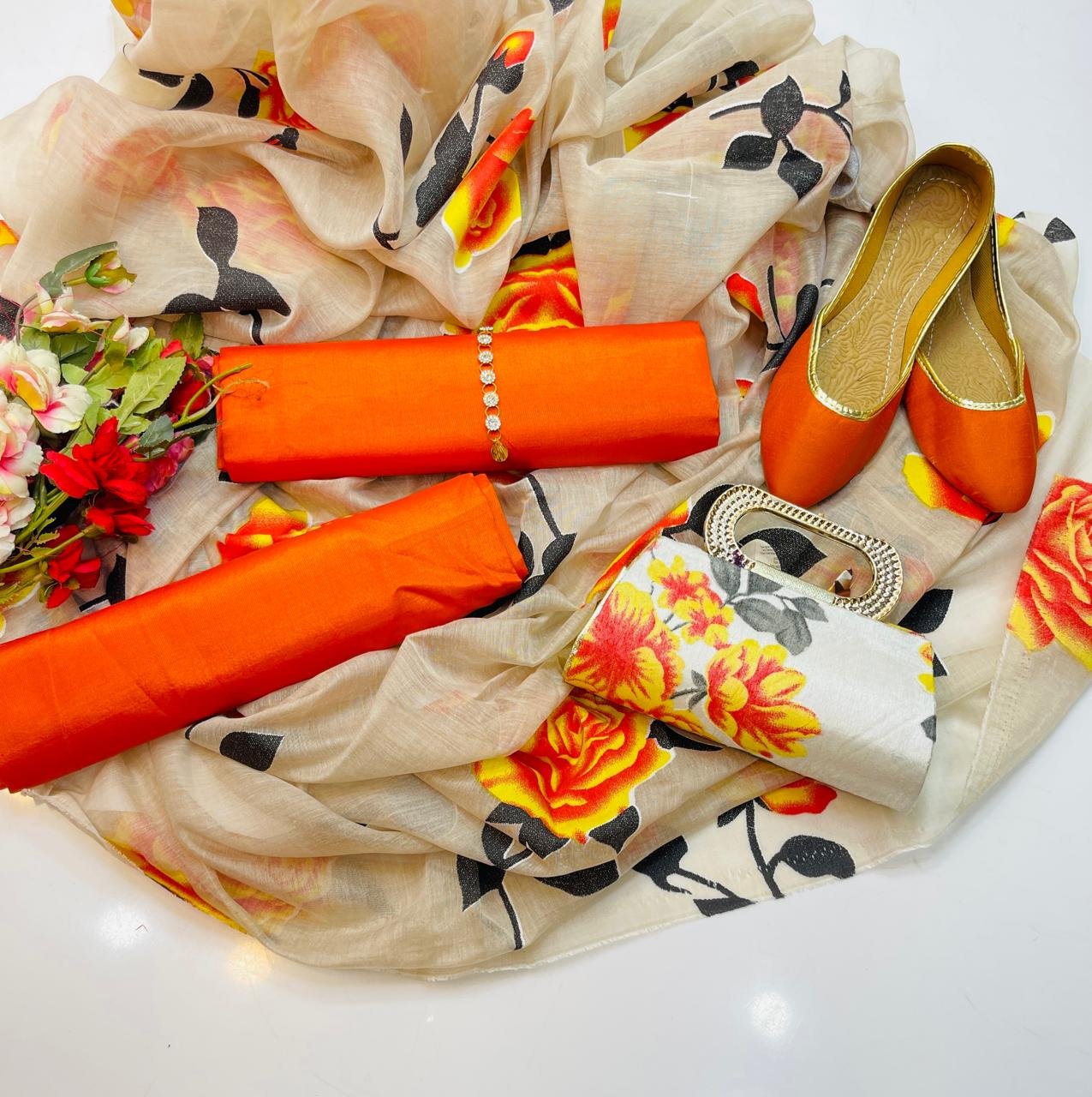 party wear | 5 pieces | kataan plain shirt & trouser | organza printed dupatta | matching khussa & clutch party wear | 5 pieces | kataan plain shirt & trouser | organza printed dupatta | matching khussa & clutch