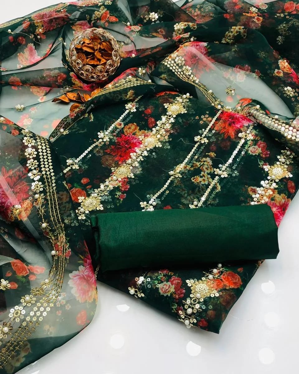 party wear | 3pc suit | organza digital embroidered shirt with pearls | printed dupatta with border work | kataan silk trouser party wear | 3pc suit | organza digital embroidered shirt with pearls | printed dupatta with border work | kataan silk trouser