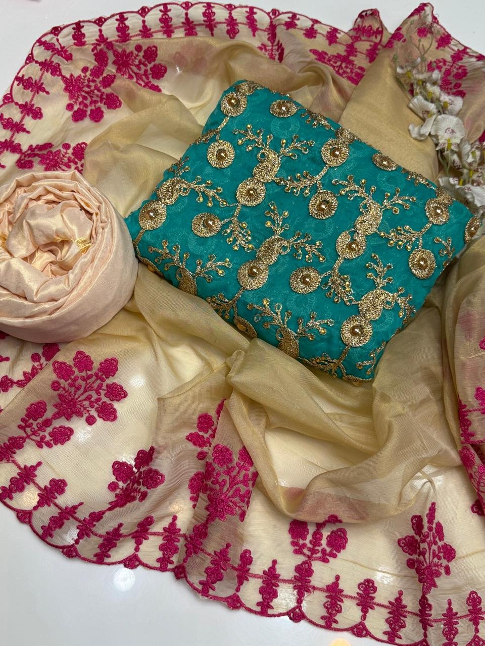 3pc suit | fancy crinkle chiffon jaal shirt (front & back) | embroidered mehsori silk dupatta | self mehsori trouser 3pc suit | fancy crinkle chiffon jaal shirt (front & back) | embroidered mehsori silk dupatta | self mehsori trouser