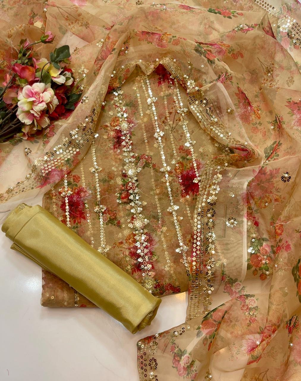 party wear | 3pc suit | organza digital embroidered shirt with pearls | printed dupatta with border work | kataan silk trouser party wear | 3pc suit | organza digital embroidered shirt with pearls | printed dupatta with border work | kataan silk trouser