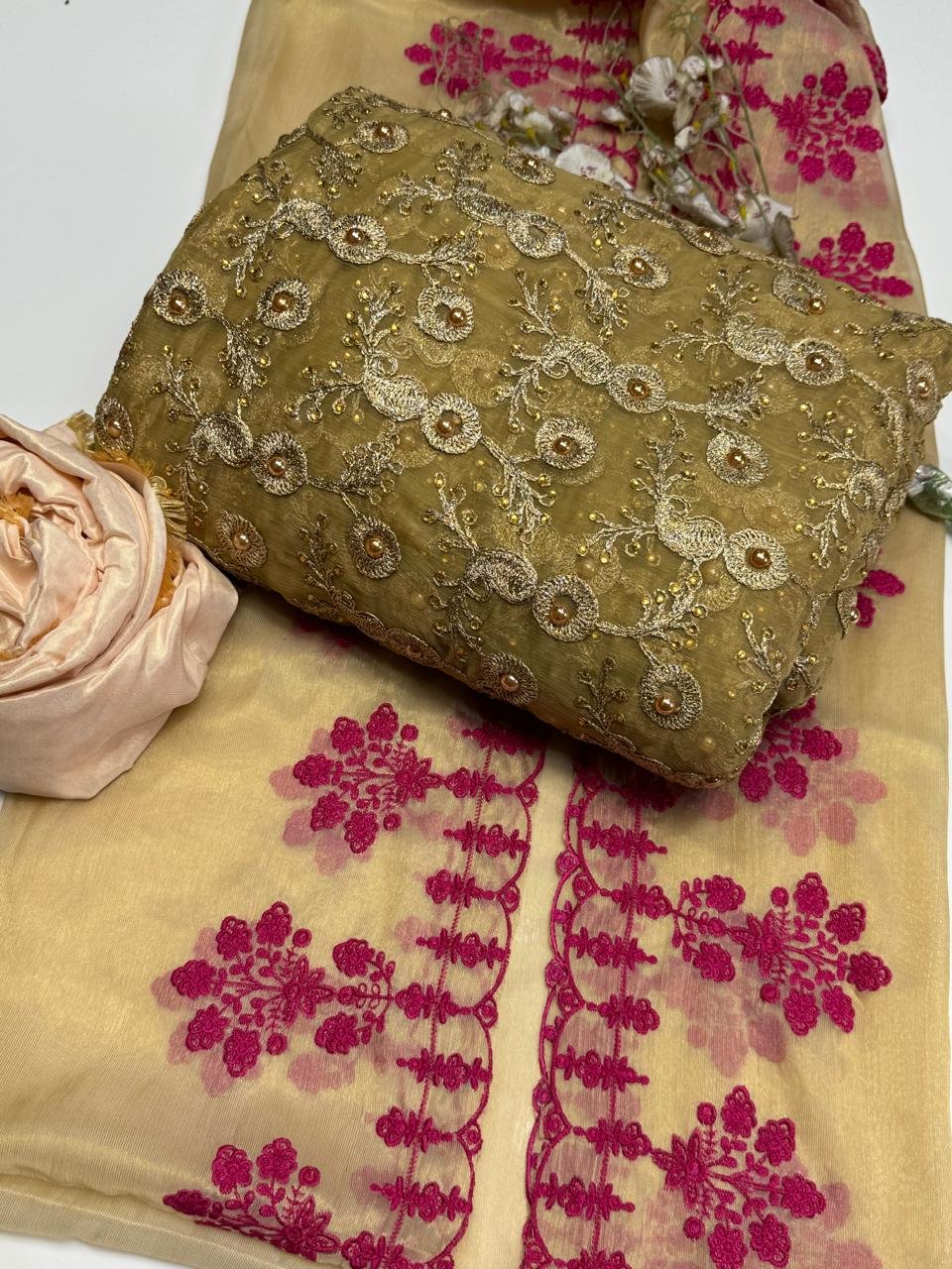 3pc suit | fancy crinkle chiffon jaal shirt (front & back) | embroidered mehsori silk dupatta | self mehsori trouser 3pc suit | fancy crinkle chiffon jaal shirt (front & back) | embroidered mehsori silk dupatta | self mehsori trouser