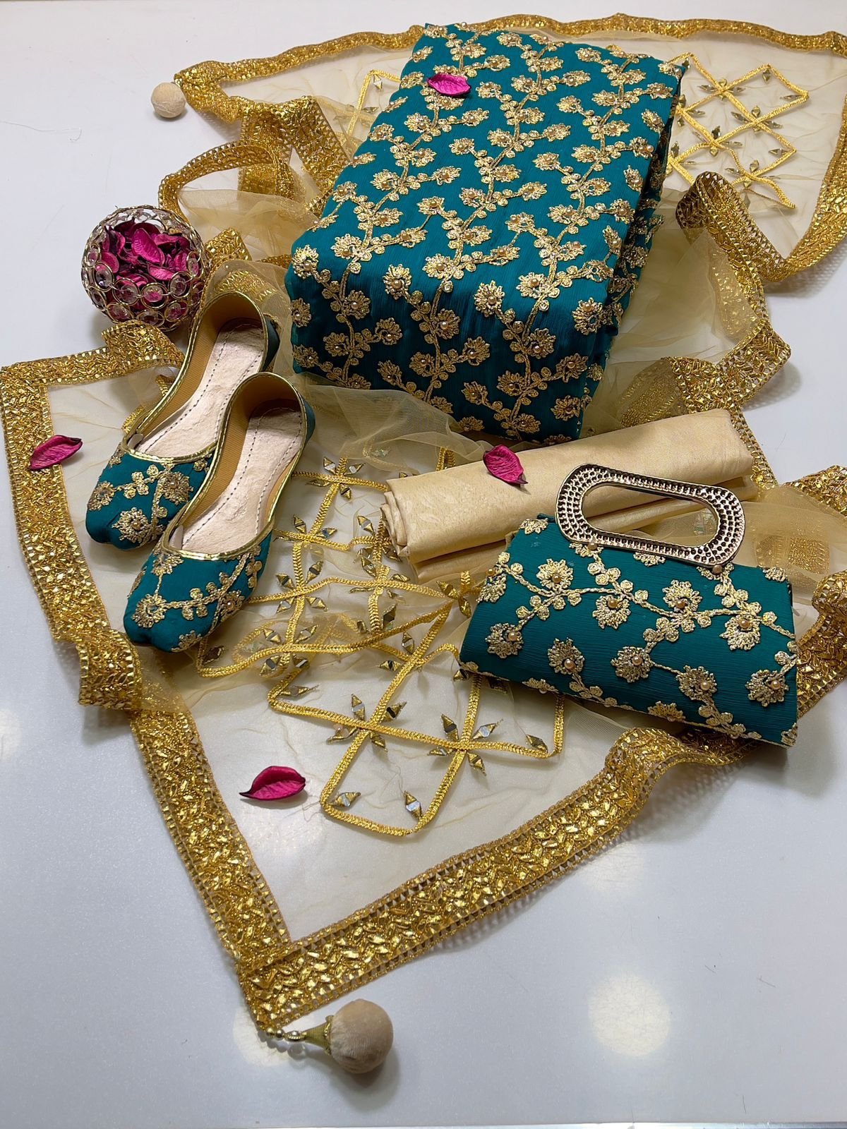 fancy 5pc suit | chiffon embroidery | masuri shalwar | mirror work dupatta | matching khussa & clutch fancy 5pc suit | chiffon embroidery | masuri shalwar | mirror work dupatta | matching khussa & clutch
