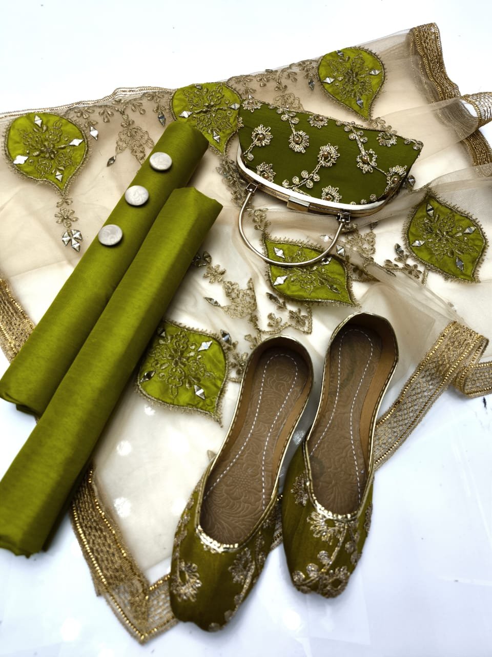party wear | 5pc collection | kataan shirt & trouser | net mirror & lace work dupatta | embroidered khussa & clutch party wear | 5pc collection | kataan shirt & trouser | net mirror & lace work dupatta | embroidered khussa & clutch