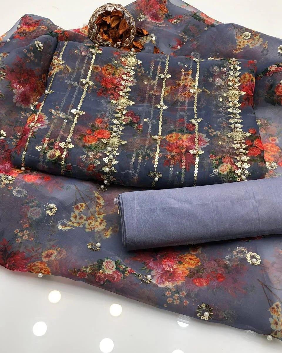 party wear | 3pc suit | organza digital embroidered shirt with pearls | printed dupatta with border work | kataan silk trouser party wear | 3pc suit | organza digital embroidered shirt with pearls | printed dupatta with border work | kataan silk trouser