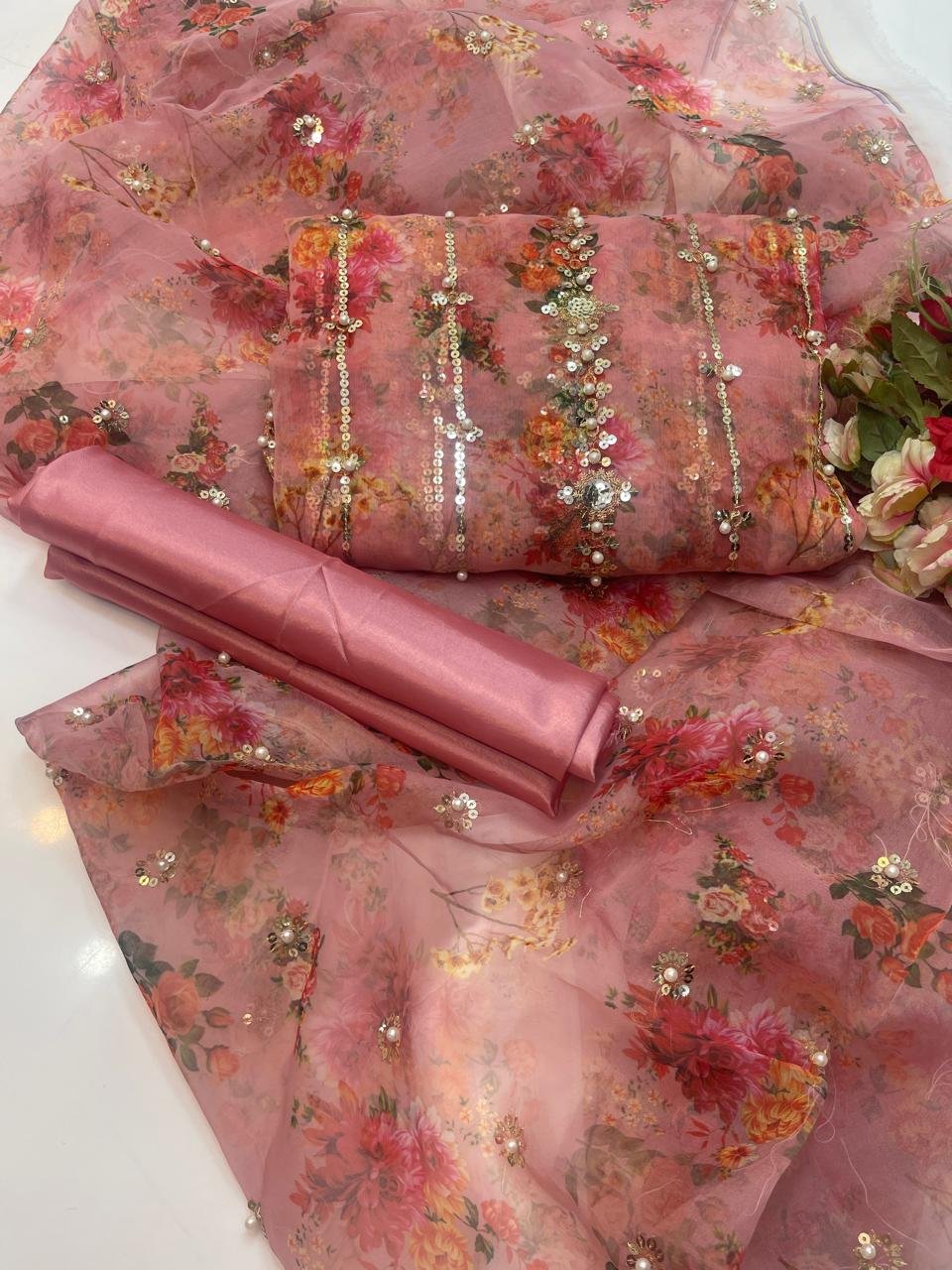 party wear | 3pc suit | organza digital embroidered shirt with pearls | printed dupatta with border work | kataan silk trouser party wear | 3pc suit | organza digital embroidered shirt with pearls | printed dupatta with border work | kataan silk trouser