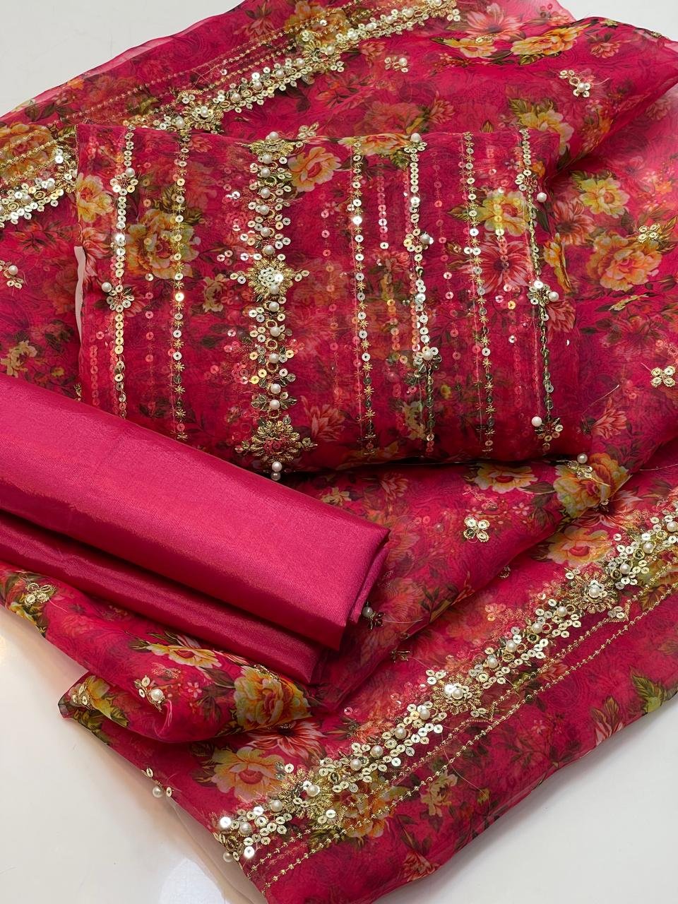 party wear | 3pc suit | organza digital embroidered shirt with pearls | printed dupatta with border work | kataan silk trouser party wear | 3pc suit | organza digital embroidered shirt with pearls | printed dupatta with border work | kataan silk trouser