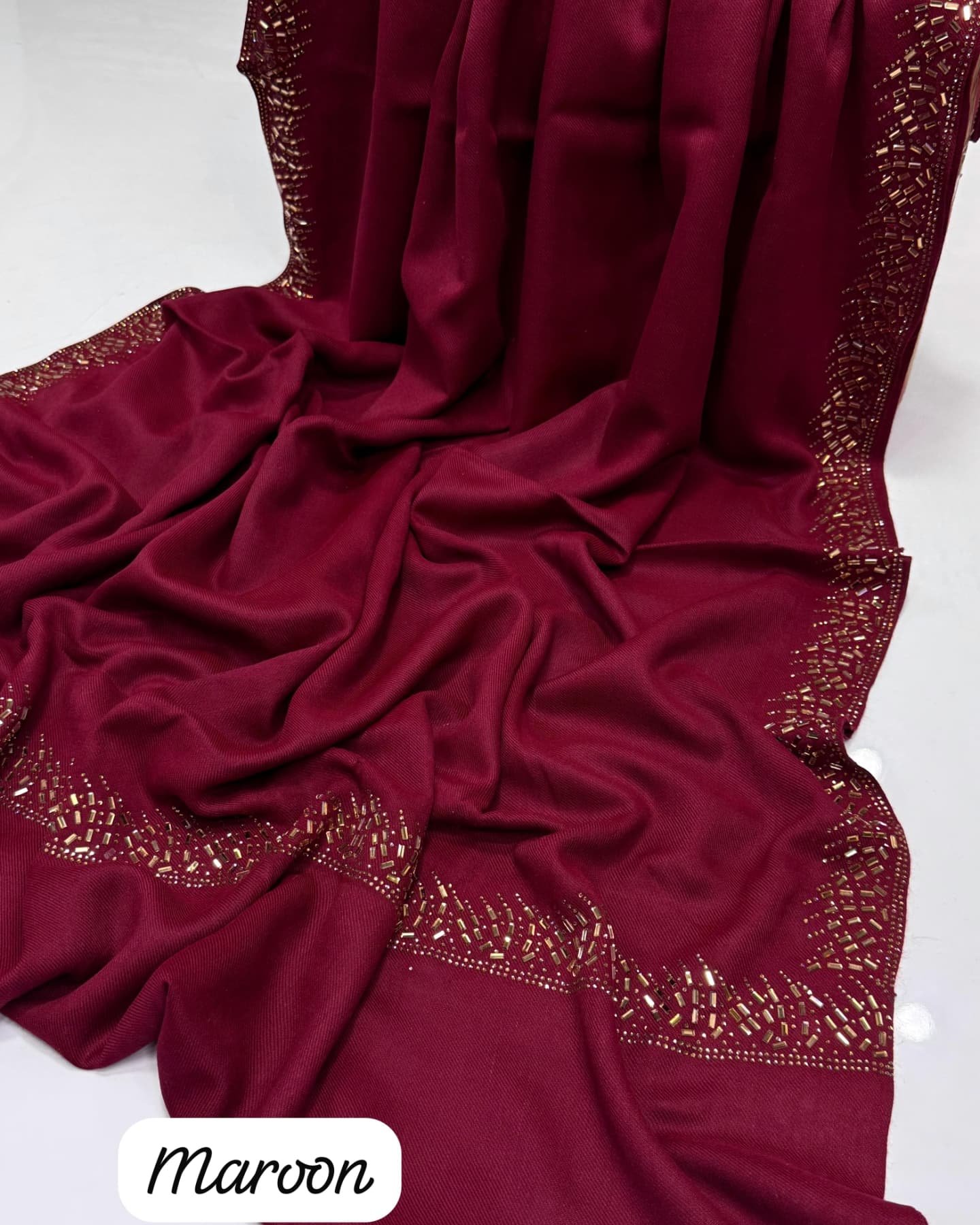 shawl with stone work – four sided design, elegant pashmina stuff premium quality, 2.5 yard length" shawl with stone work – four sided design, elegant pashmina stuff premium quality, 2.5 yard length"